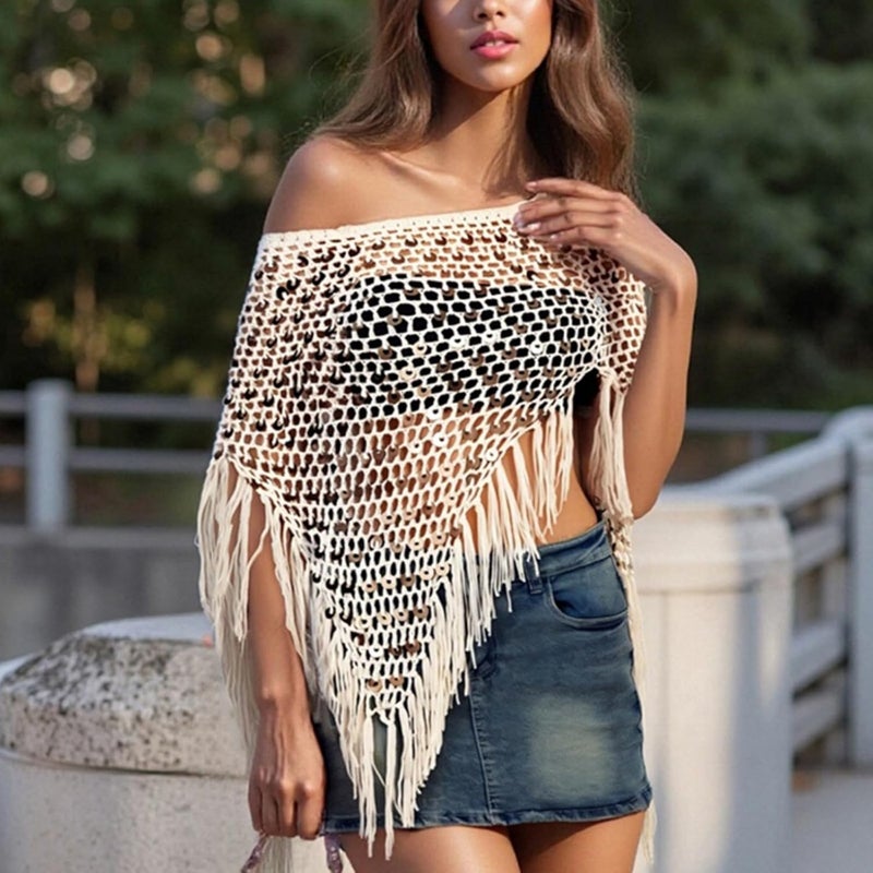 Argeousgor Women Sheer Poncho Top Lightweight Knit Crochet Shrug Bolero Mesh Batwing Sleeve Sweater Cover Up Beachwear - Image 2